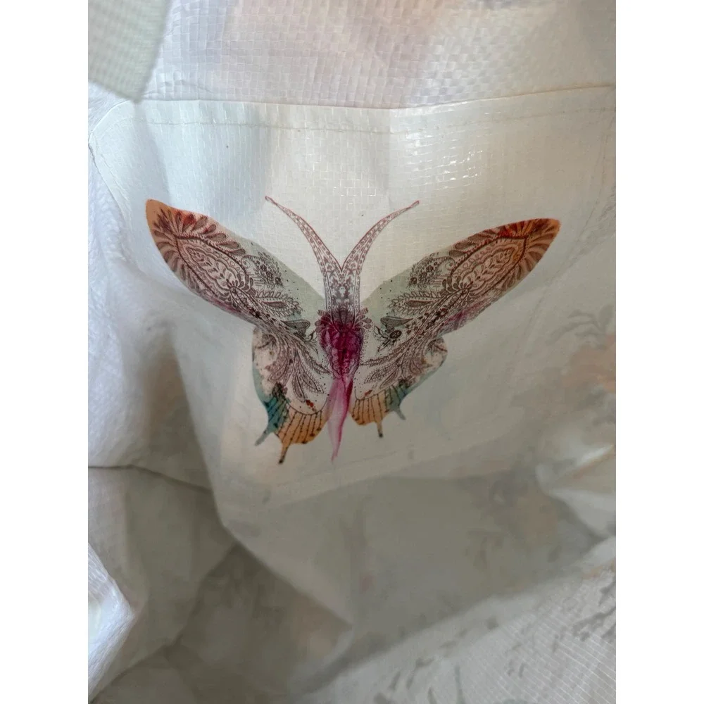 Papaya Art Butterfly Floral‎ Reusable Tote Bag Woven Shopper White Boho
